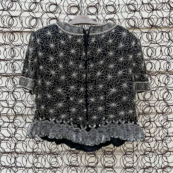Vintage Adrianna Papell Boutique Evening Black Silk Beaded Daisy Floral Blouse - Picture 3 of 7
